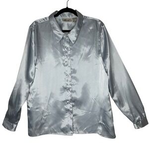 Kathie Lee VTG‎ Women's Size 14 Silver Long Sleeve Button Up Shirt festival chic